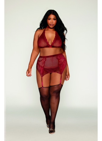 Ensemble 4 pièces grande taille soutien gorge, tour de cou, string et porte jarretelles rouge - DG11776XGAR